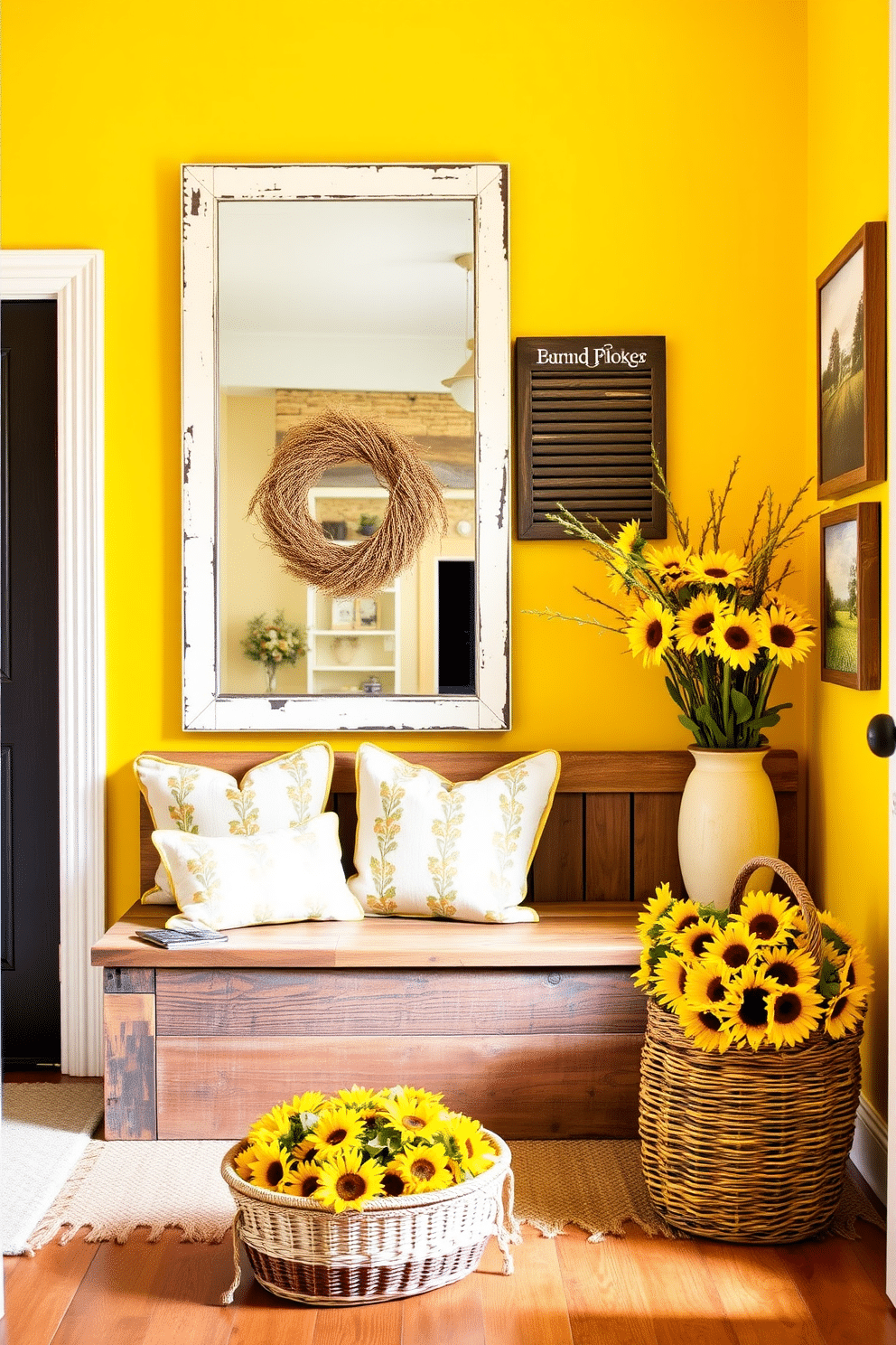 A warm and inviting foyer adorned with rustic yellow farmhouse decor elements. The space features a reclaimed wood bench with soft, patterned cushions, complemented by a large, vintage mirror framed in distressed white. Bright yellow walls create a cheerful backdrop, accented by farmhouse-style wall art depicting pastoral scenes. A woven basket filled with sunflowers sits on the floor, adding a touch of natural beauty to the entryway.