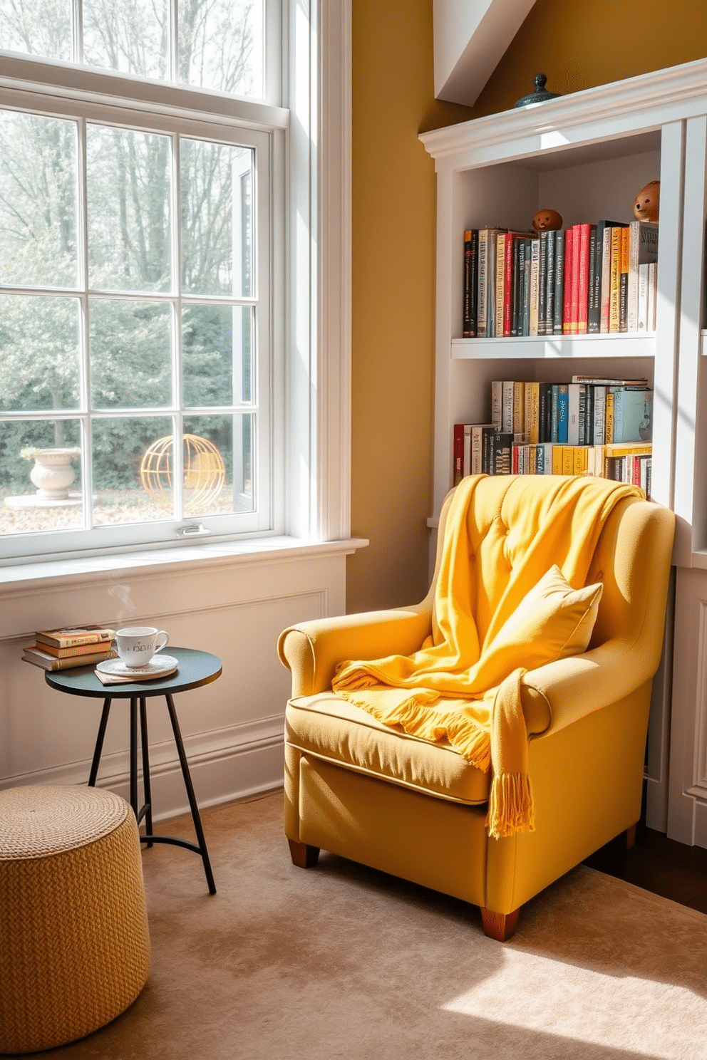 A cozy reading nook features a plush armchair upholstered in soft yellow fabric, positioned next to a large window that allows natural light to flood the space. A small side table holds a steaming cup of tea and a stack of books, while a vibrant yellow throw blanket drapes over the armchair, inviting relaxation. The walls are lined with built-in bookshelves painted in a warm white, displaying an array of colorful books and decorative items. A soft area rug in muted tones anchors the space, complementing the yellow accents and creating an inviting atmosphere for quiet reading.