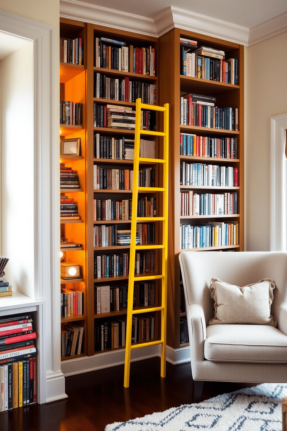 A cozy home library featuring a vibrant yellow ladder that leans against tall, custom-built bookshelves filled with an eclectic mix of books. The space is adorned with warm lighting, a plush reading nook with a comfortable armchair, and a soft area rug that complements the inviting atmosphere.