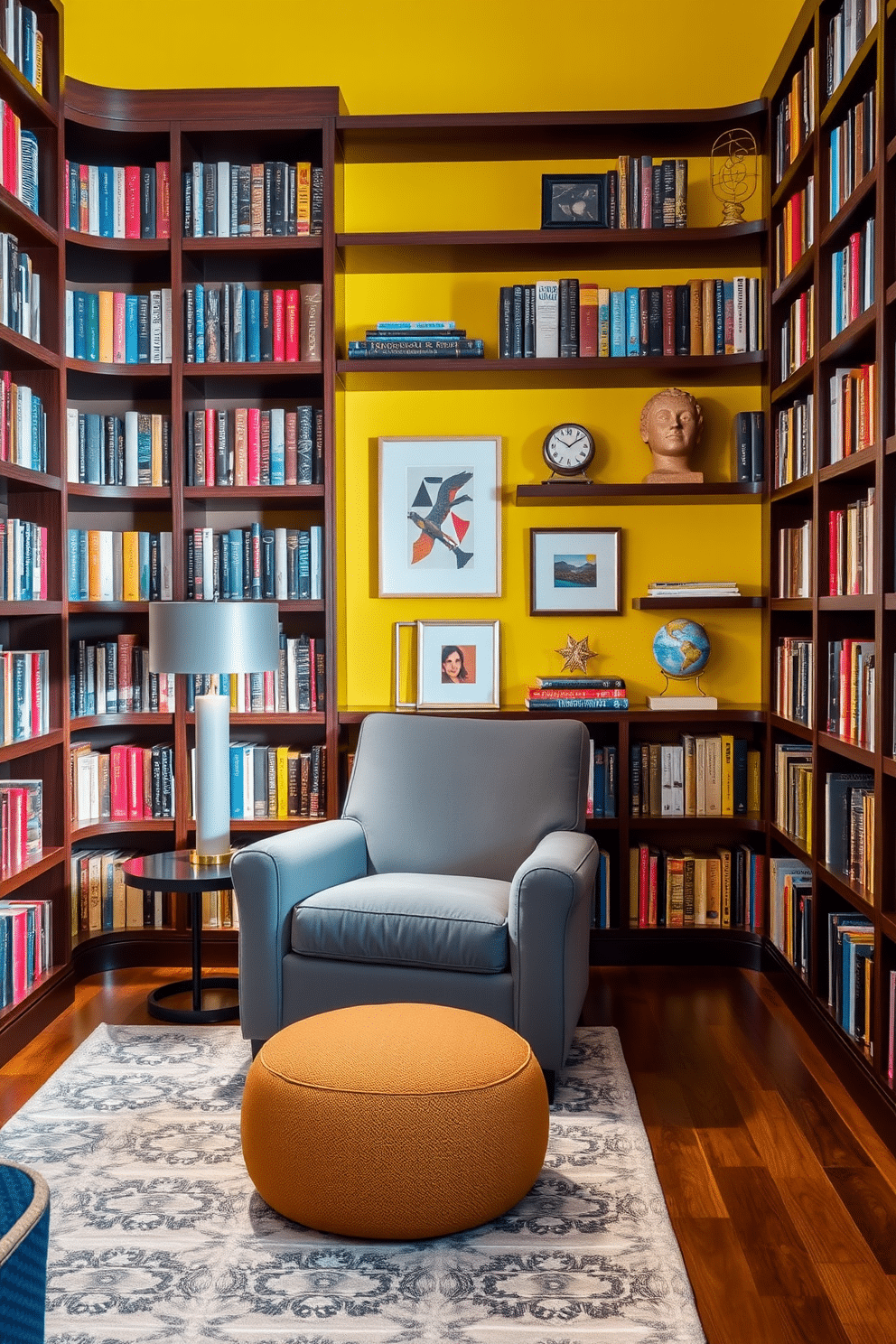 A striking home library featuring an accent wall painted in a bold yellow hue, creating a vibrant focal point in the room. The library is filled with floor-to-ceiling bookshelves made of rich dark wood, adorned with an array of colorful books and decorative items. A plush, oversized armchair in a complementary shade of gray is positioned in front of a sleek reading lamp, inviting relaxation. A cozy area rug with subtle patterns lies beneath a small coffee table, enhancing the warmth and comfort of this inviting reading nook.