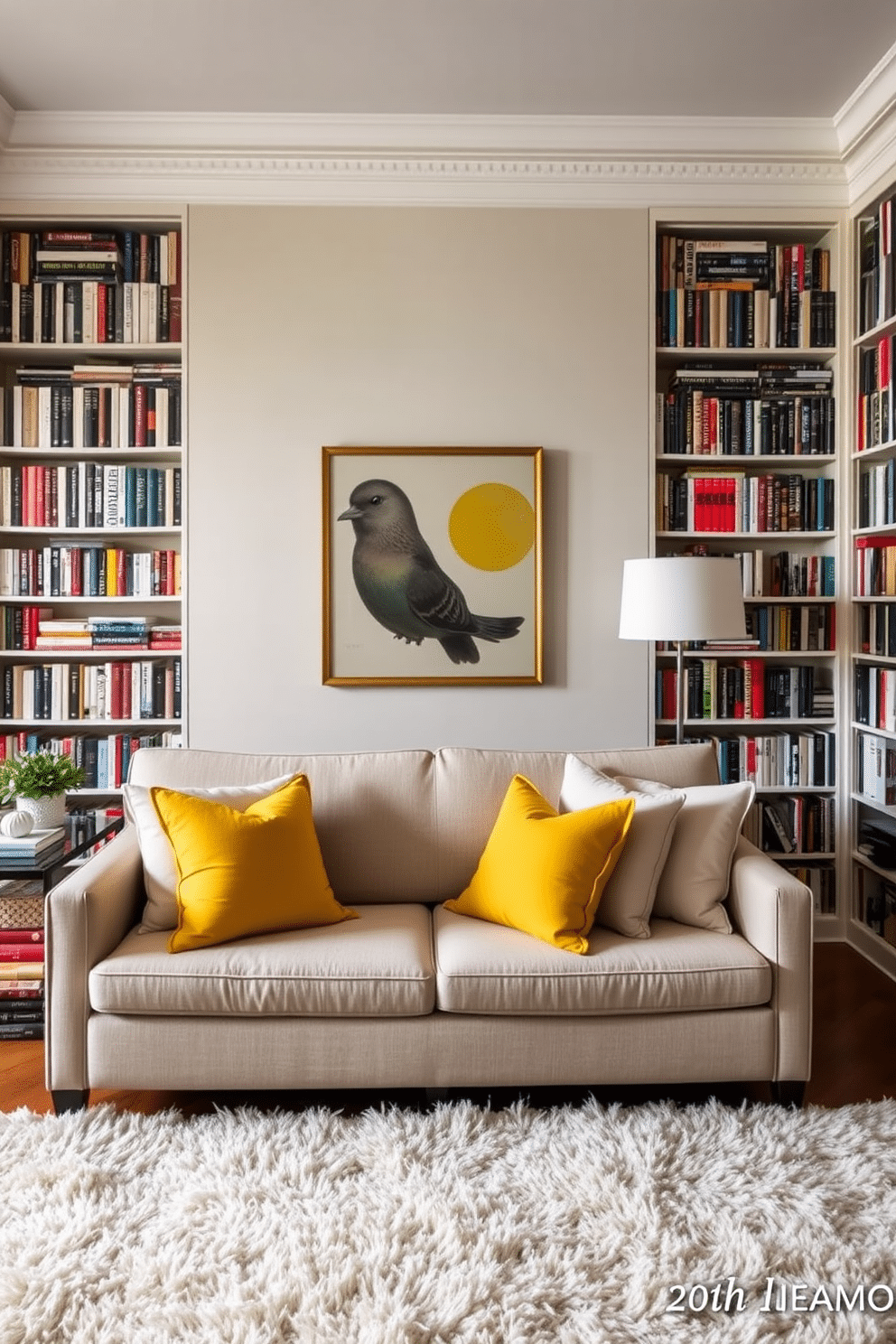 A cozy home library featuring a neutral-toned sofa adorned with vibrant yellow throw pillows. The walls are lined with floor-to-ceiling bookshelves filled with a diverse collection of books, and a plush area rug anchors the space, adding warmth and texture.