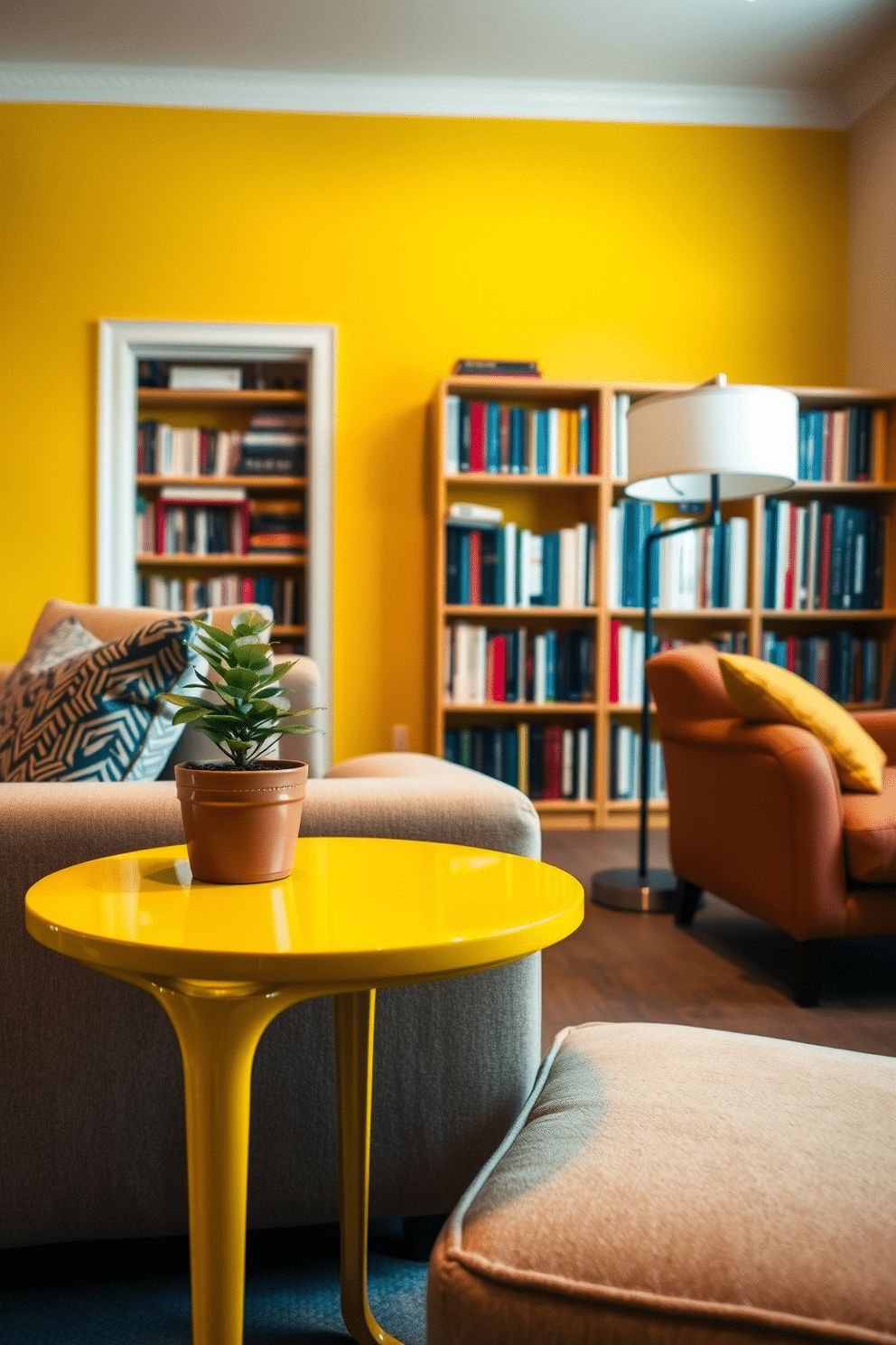 A charming yellow side table adorned with a small potted plant sits beside a cozy armchair. The table's sleek design features a glossy finish, enhancing the inviting atmosphere of the room. A warm home library filled with shelves of books showcases a yellow accent wall that brightens the space. Plush seating and a stylish reading lamp create a perfect nook for relaxation and literary exploration.