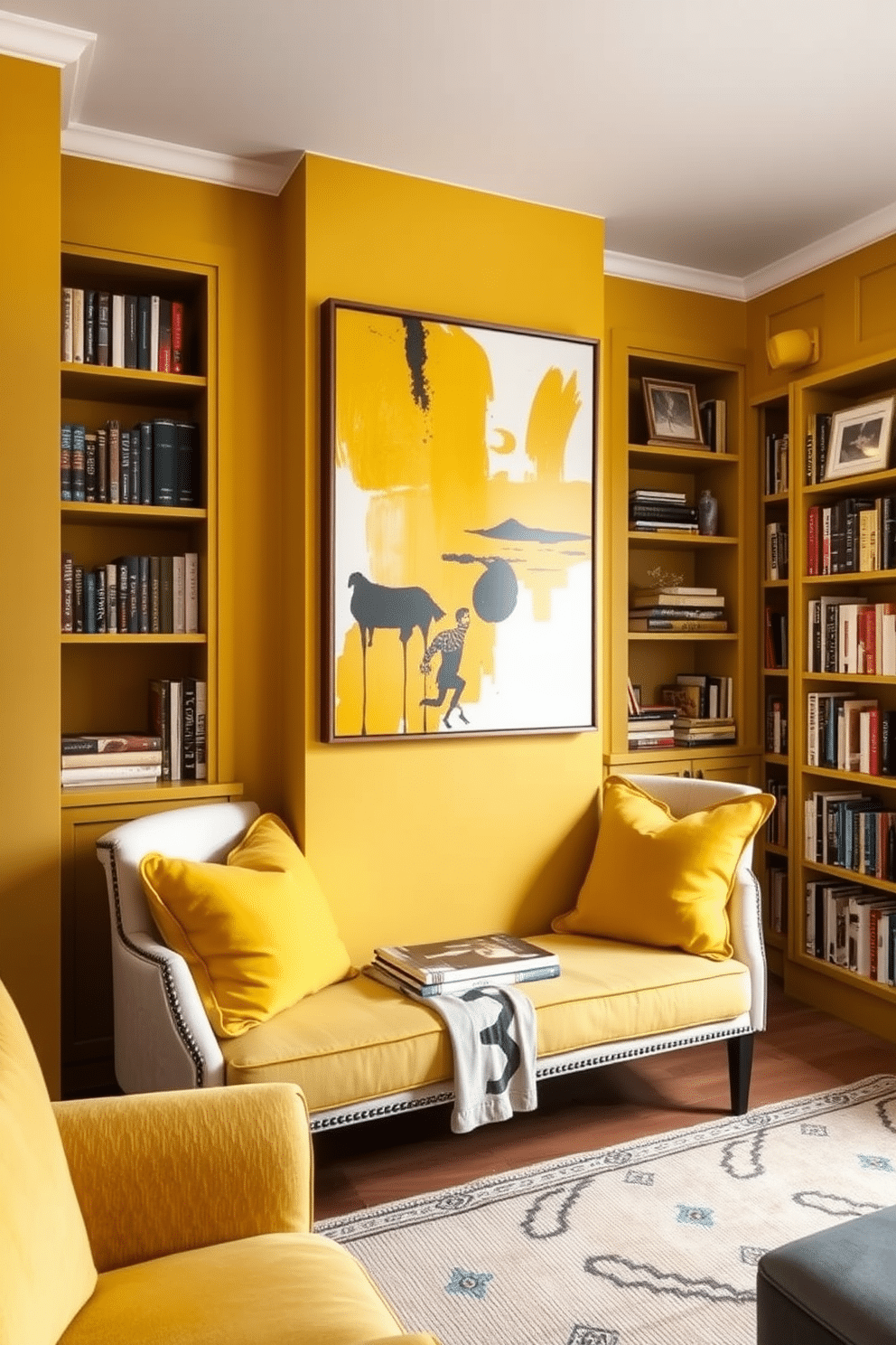 Artistic yellow wall art for inspiration. The artwork features bold brush strokes and abstract shapes, creating a vibrant focal point that energizes the space. Yellow Home Library Design Ideas. The library showcases built-in shelves filled with books, complemented by a cozy reading nook adorned with yellow cushions and a soft area rug.