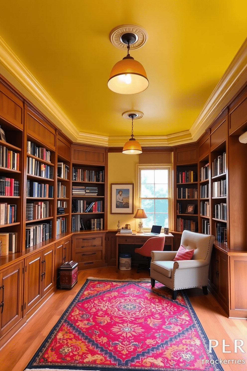 A cozy home library with a yellow ceiling that brightens the room and adds a cheerful ambiance. The walls are lined with built-in wooden bookshelves filled with an array of books, while a plush reading nook with a comfortable armchair and a small side table invites relaxation. Soft, warm lighting fixtures hang from the yellow ceiling, casting a gentle glow over the space. A vibrant area rug in complementary colors anchors the room, and a small desk tucked in the corner provides a functional workspace amidst the literary haven.