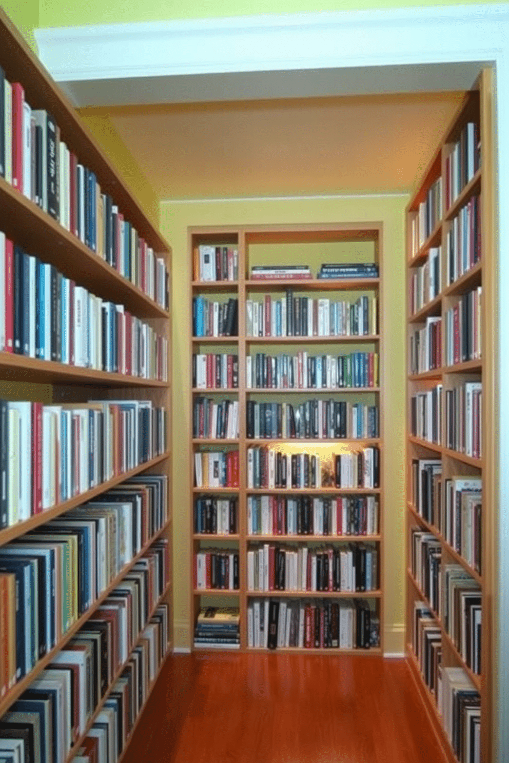 A cozy home library featuring natural wood bookshelves that stretch from floor to ceiling, filled with an array of colorful books. The room is illuminated by warm yellow tones from the walls and soft lighting, creating a welcoming and inviting atmosphere for reading and relaxation.