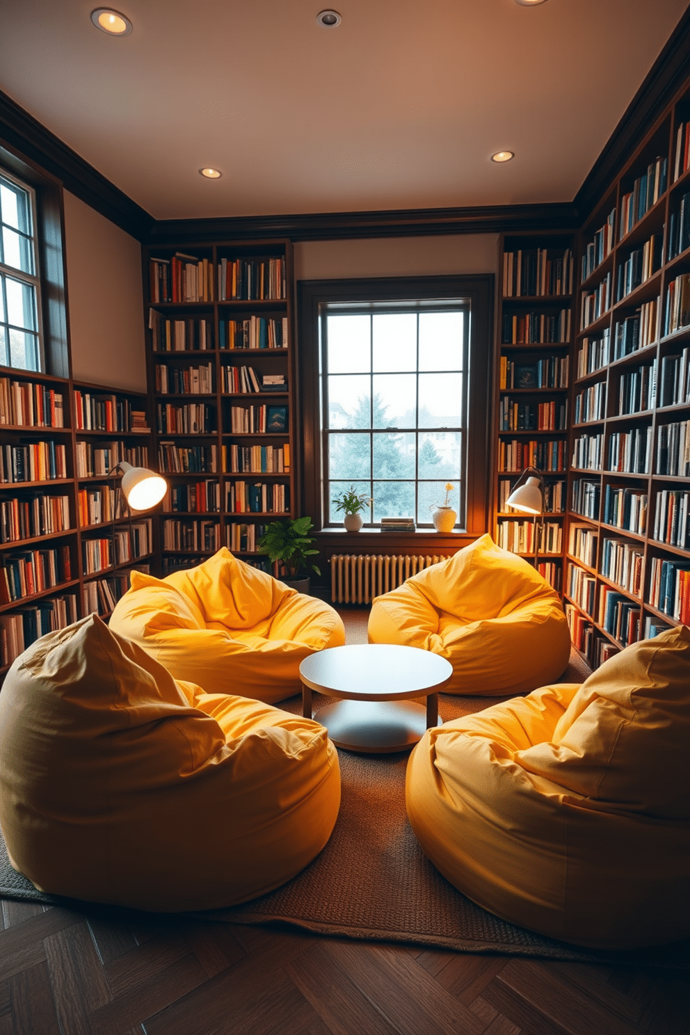 A cozy home library featuring yellow bean bags for casual seating. The walls are lined with bookshelves filled with colorful books, and a large window allows natural light to flood the space, creating a warm and inviting atmosphere. The bean bags are arranged in a semi-circle around a low coffee table, perfect for relaxed reading or socializing. Soft, ambient lighting from stylish floor lamps enhances the inviting vibe, making it an ideal spot for both quiet reflection and lively discussions.