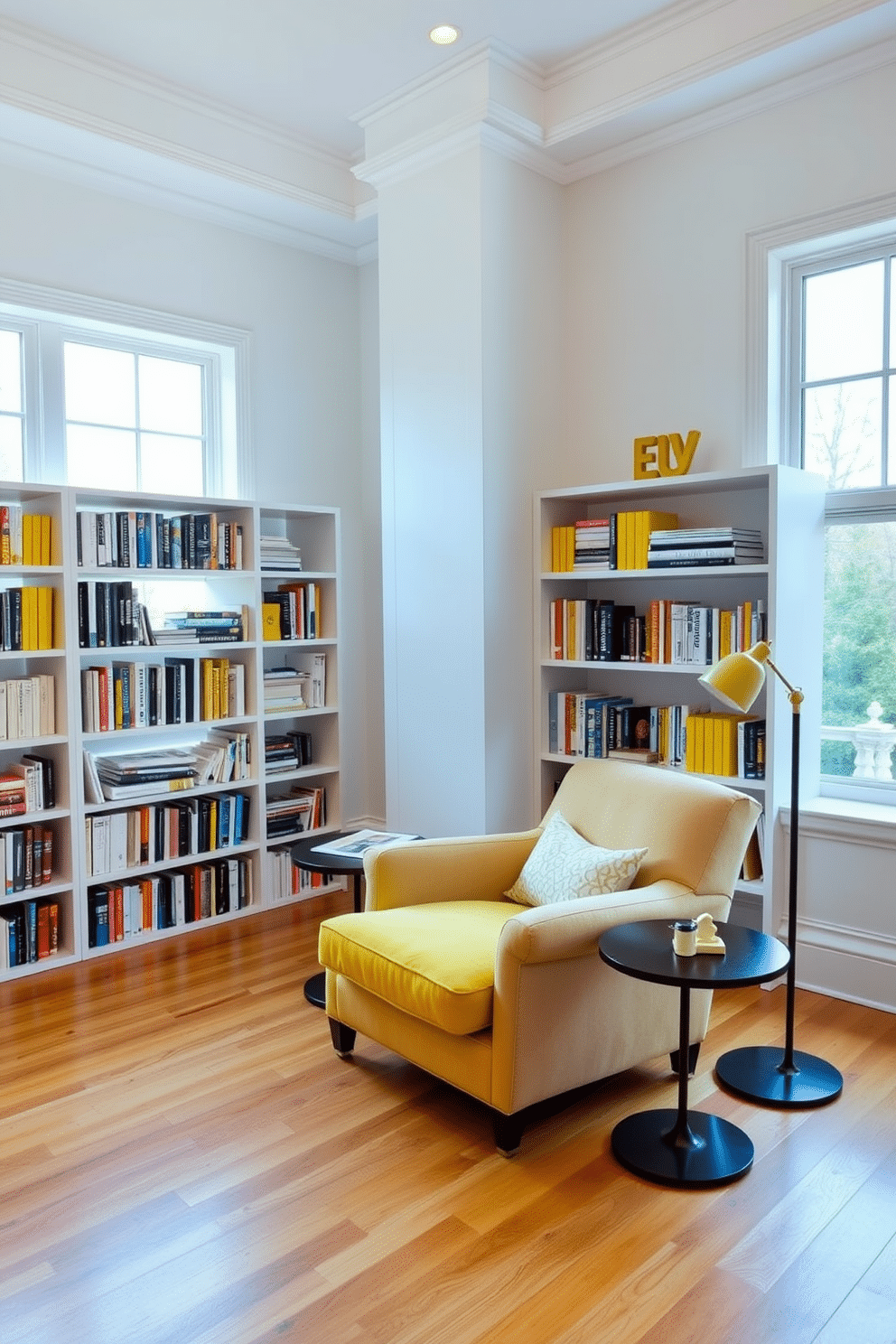 A chic home library featuring stylish yellow bookends that add a pop of color and organization to the shelves. The walls are painted in a soft white, while the floor is adorned with a warm wooden finish, creating a cozy reading atmosphere. Incorporate a comfortable reading nook with a plush armchair in a complementary shade, positioned next to a small side table. Large windows allow natural light to flood the space, highlighting the vibrant yellow accents throughout the room.