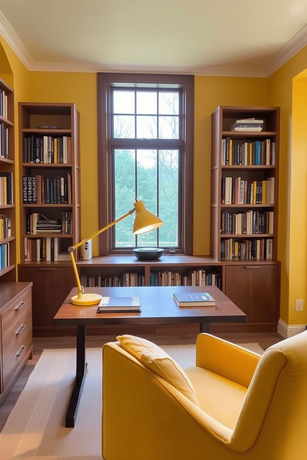 A cozy home library featuring a warm yellow color scheme. The focal point is a stylish yellow desk lamp providing task lighting, positioned on a sleek wooden desk surrounded by shelves filled with books. The walls are adorned with soft yellow accents, and a plush reading chair in a complementary shade invites relaxation. A large window allows natural light to flood the space, enhancing the inviting atmosphere of the library.