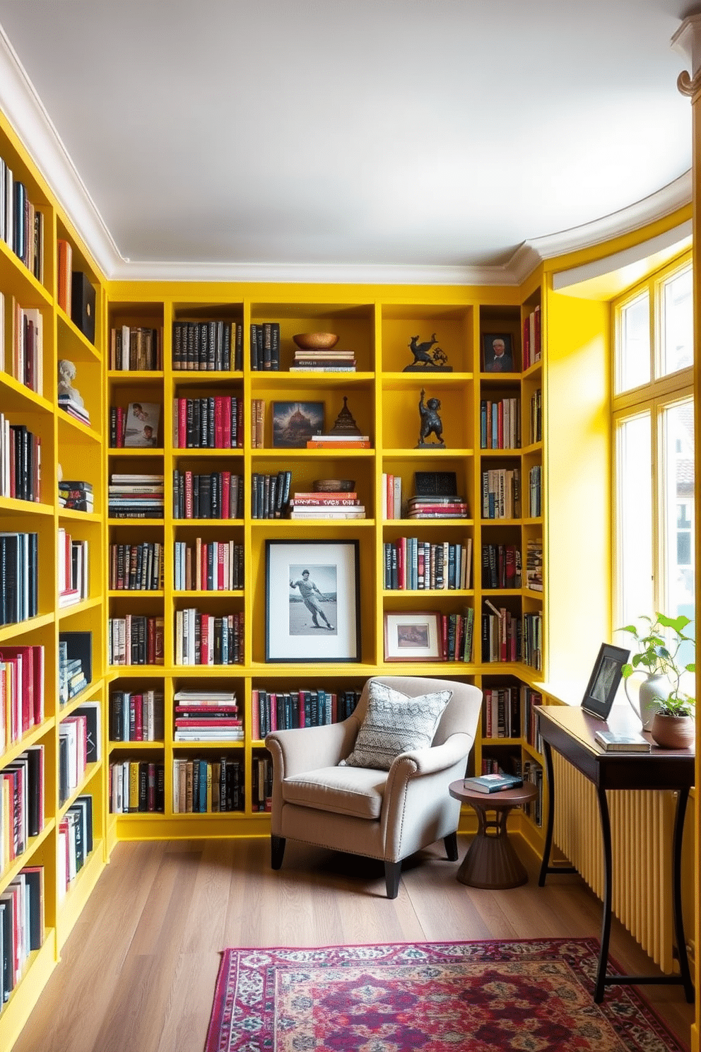 A bright and inviting home library featuring vibrant yellow bookshelves that stretch from floor to ceiling, filled with an eclectic mix of books and decorative items. Soft, natural light floods the space through large windows, illuminating a cozy reading nook with a plush armchair and a small side table, perfect for enjoying a cup of coffee.