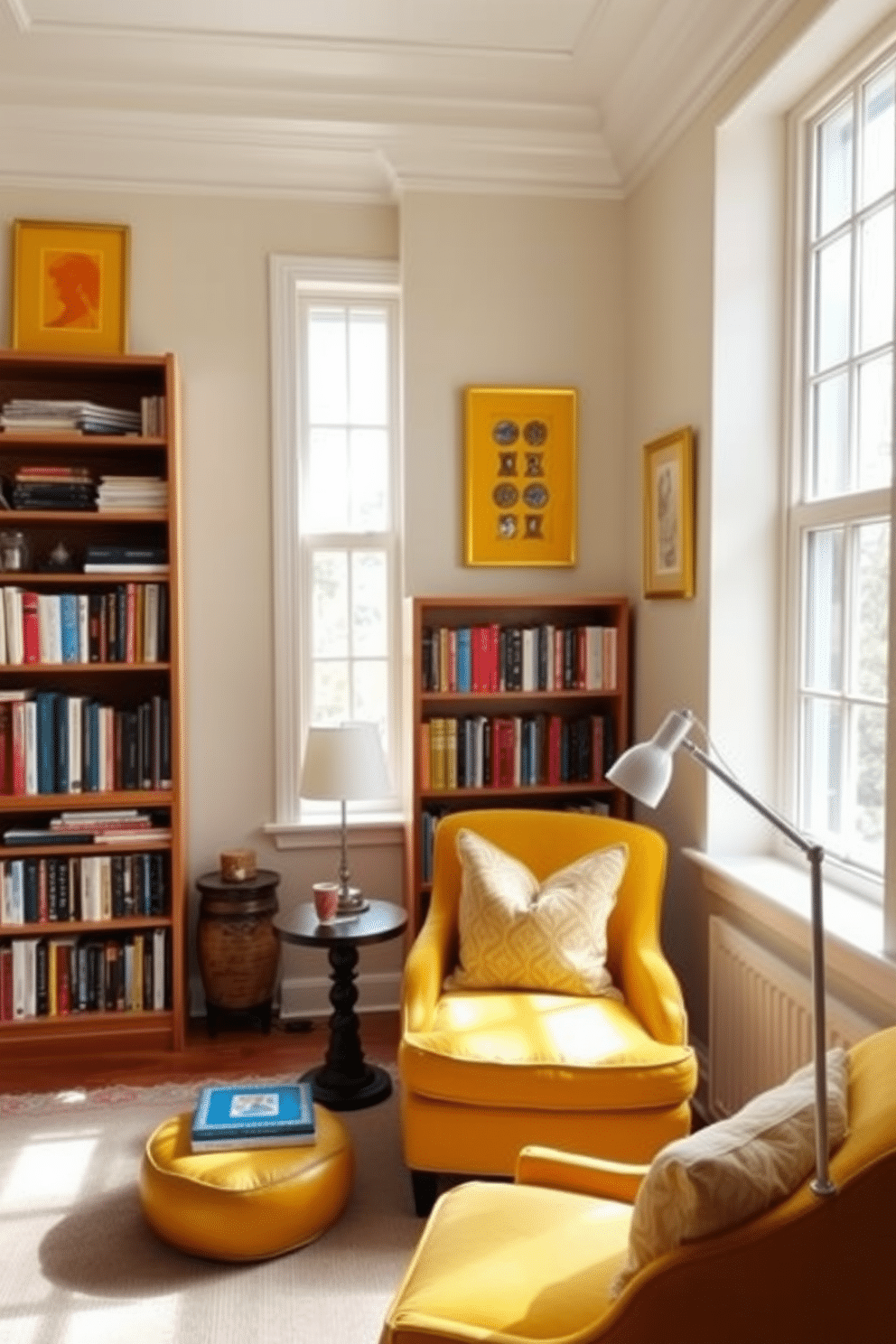 A cozy home library filled with natural light. The walls are painted in a soft cream color, adorned with yellow-framed artwork that adds a vibrant touch. Bookshelves line the walls, filled with colorful books and decorative objects. A plush yellow armchair sits in the corner, accompanied by a small side table and a reading lamp for the perfect reading nook.