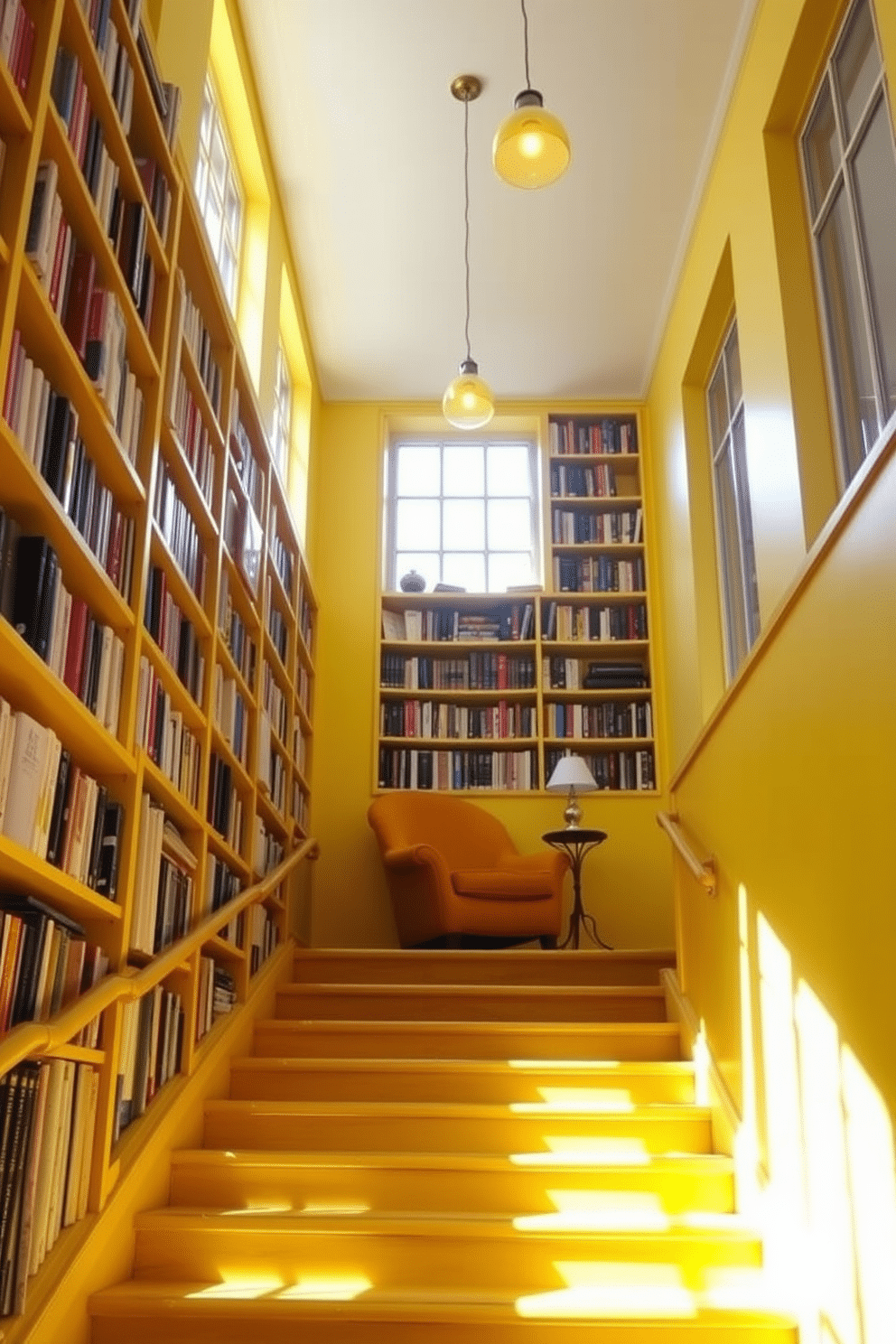 A bright yellow staircase ascends gracefully, illuminated by natural light streaming through large windows. The walls are adorned with bookshelves filled with an eclectic mix of literature, creating an inviting atmosphere for reading and relaxation. At the top of the stairs, a cozy reading nook features a plush armchair and a small side table, perfect for enjoying a cup of tea. Soft, warm lighting fixtures hang from the ceiling, enhancing the cheerful ambiance of the yellow-themed library.