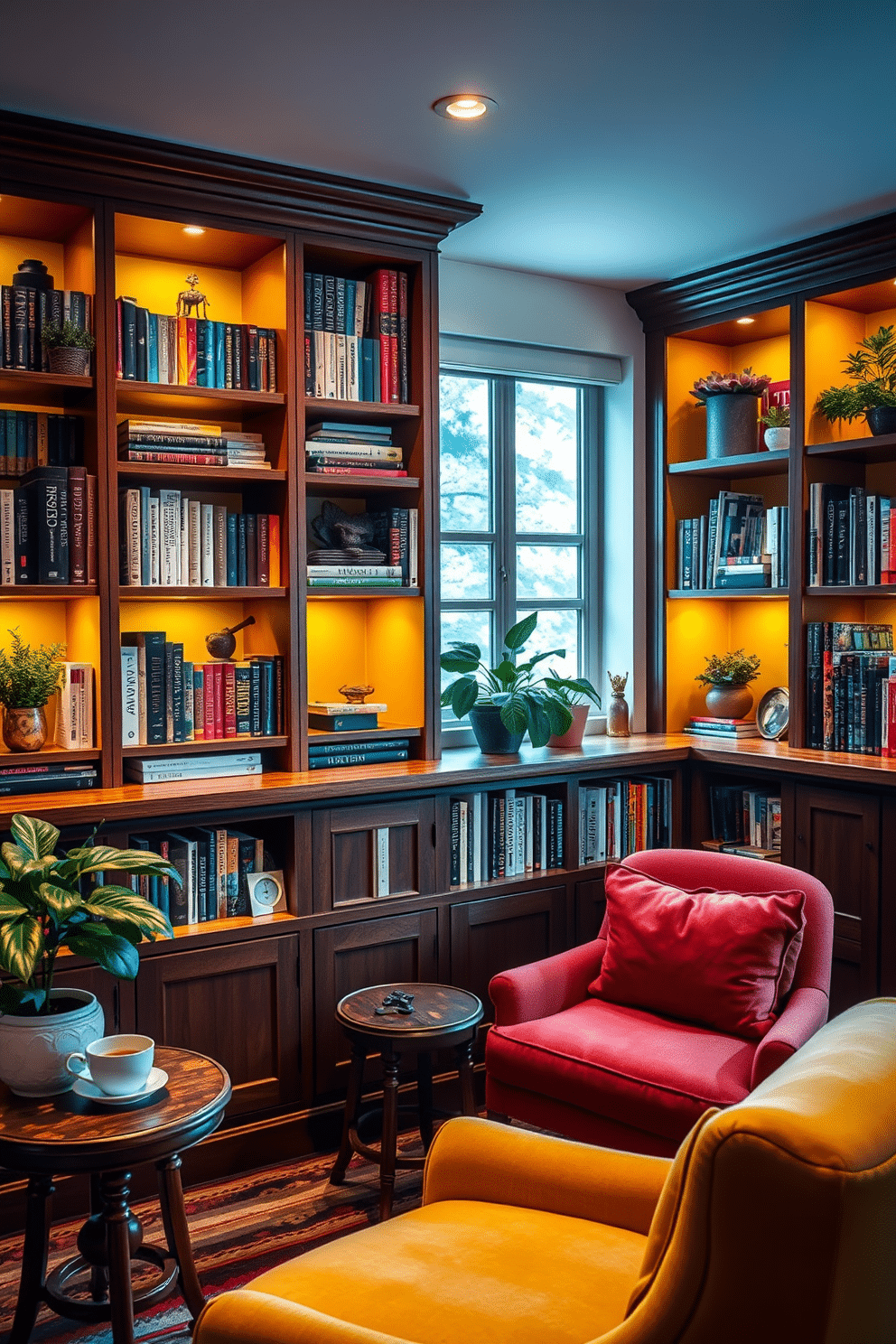 A cozy home library featuring built-in shelving units adorned with yellow accents. The shelves are filled with an array of books, decorative items, and plants, creating a vibrant yet inviting atmosphere. Soft, warm lighting illuminates the space, highlighting the rich textures of the wooden furniture. A plush reading chair in a complementary color invites relaxation, while a small side table holds a steaming cup of tea.