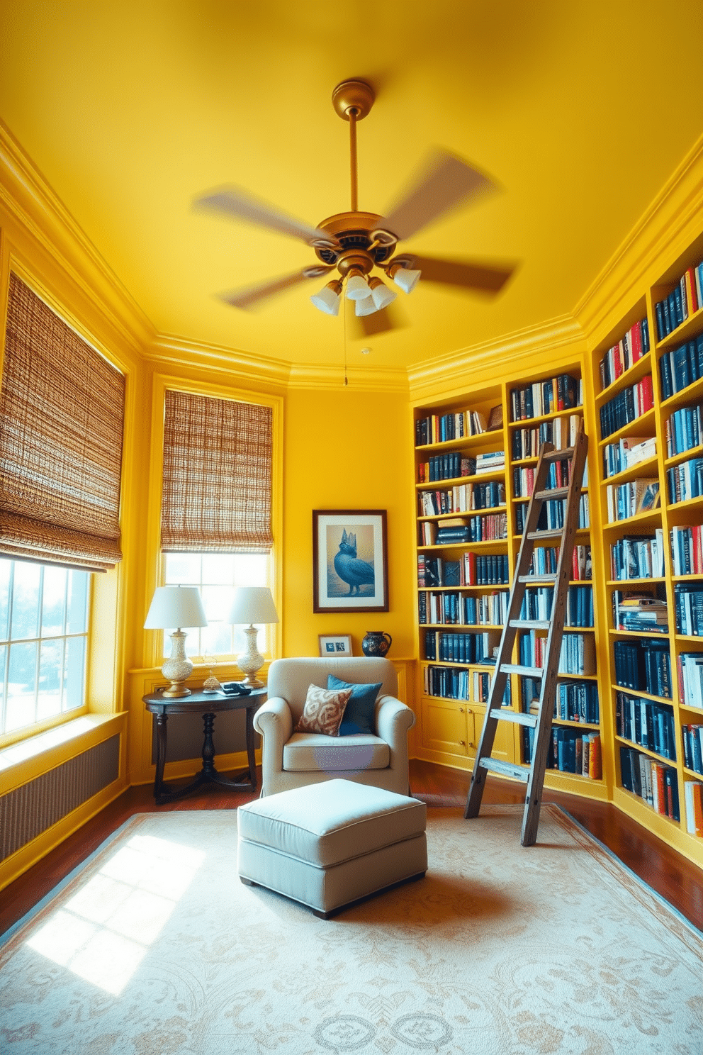 A whimsical yellow ceiling fan spins gracefully above a cozy reading nook, its playful design adding a touch of cheer to the space. Below, a plush armchair upholstered in soft fabric invites you to settle in with a good book, while sunlight streams through large windows, illuminating the vibrant decor. The yellow home library features built-in bookshelves that stretch from floor to ceiling, filled with colorful spines and decorative accents. A large, inviting rug anchors the space, and a vintage ladder leans against the shelves, ready to assist in reaching your favorite volumes.