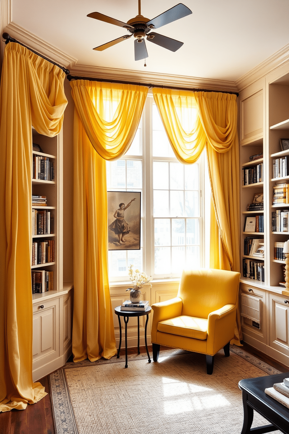 Layered yellow curtains drape elegantly from a wooden rod, creating a warm and inviting atmosphere. The soft fabric allows natural light to filter through, enhancing the cozy ambiance of the room. The home library features built-in bookshelves painted in a soft cream color, filled with an array of books and decorative items. A plush yellow armchair is positioned near a large window, accompanied by a small side table for a perfect reading nook.