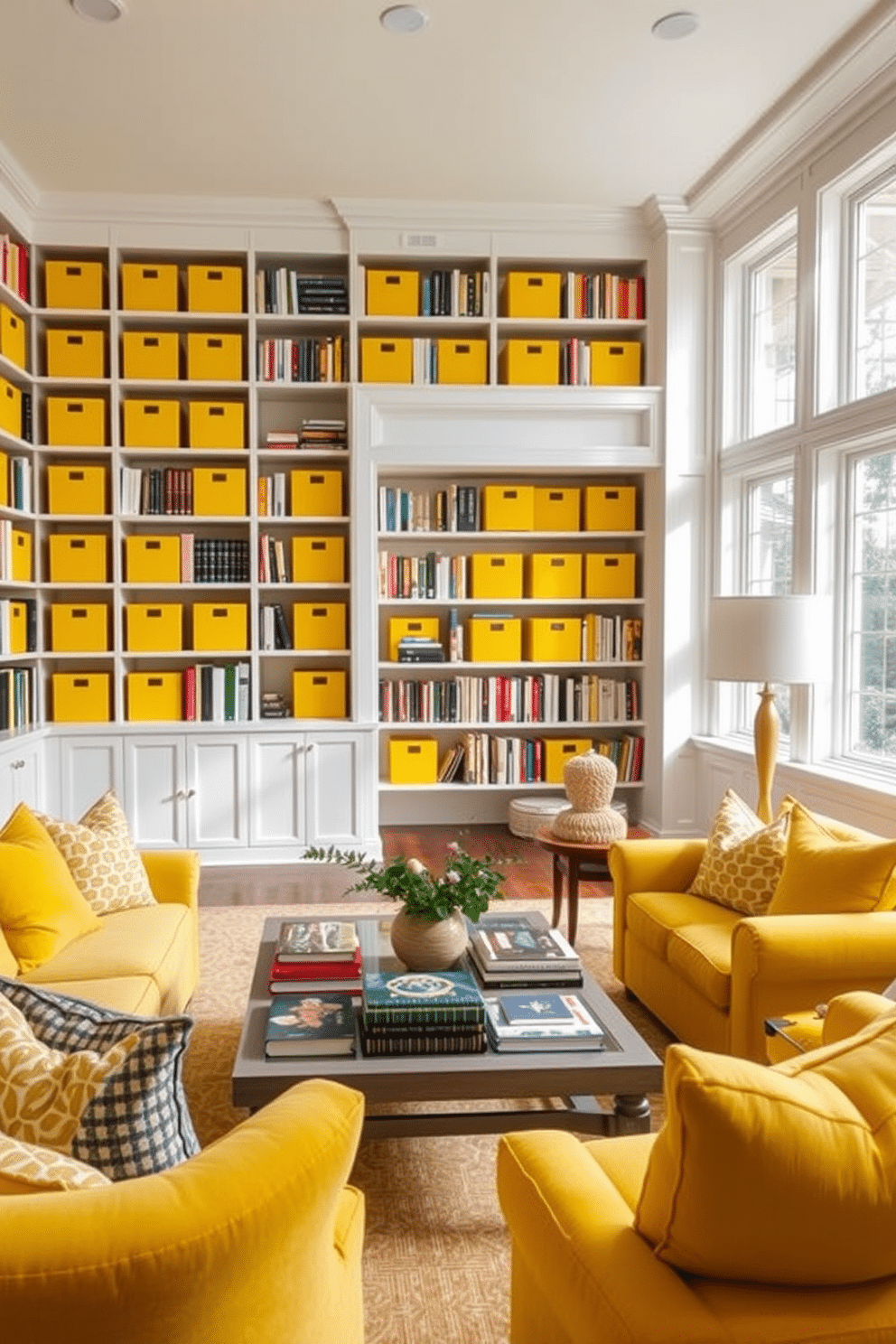 A cozy home library featuring colorful yellow decorative boxes for storage. The room is filled with floor-to-ceiling bookshelves, painted in a soft white, creating a bright contrast with the warm yellow accents. Plush seating in vibrant fabrics surrounds a central coffee table, adorned with an assortment of books and a decorative plant. Large windows allow natural light to flood the space, highlighting the cheerful yellow tones and inviting a sense of creativity and relaxation.