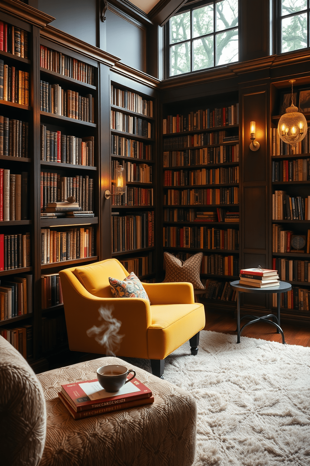 A cozy home library featuring a yellow accent chair adorned with patterned cushions, creating a vibrant focal point in the room. The walls are lined with dark wood bookshelves filled with an array of books, complemented by warm ambient lighting from stylish sconces. In one corner, a plush area rug anchors the space, while a small side table holds a steaming cup of tea and a stack of well-loved novels. Large windows allow natural light to flood in, enhancing the inviting atmosphere of this serene reading nook.