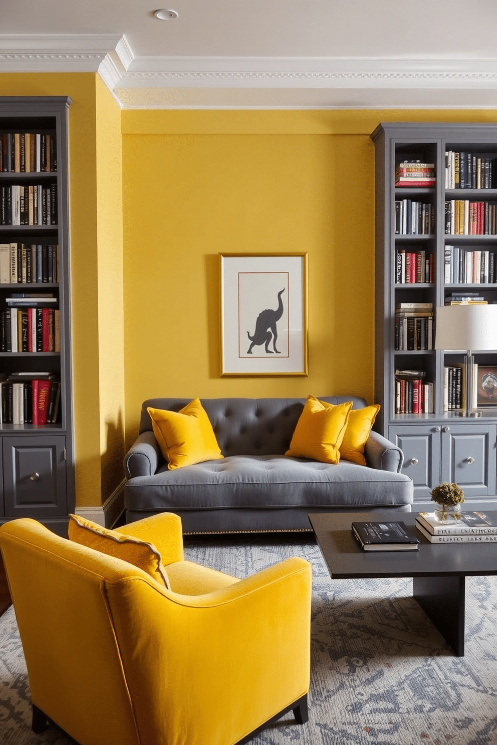 A sophisticated home library featuring a yellow and gray color scheme. The walls are painted a soft yellow, complemented by gray built-in bookshelves filled with an array of books. In the center, a plush gray sofa invites relaxation, adorned with yellow accent pillows. A stylish yellow armchair sits beside a sleek gray coffee table, creating a cozy reading nook.