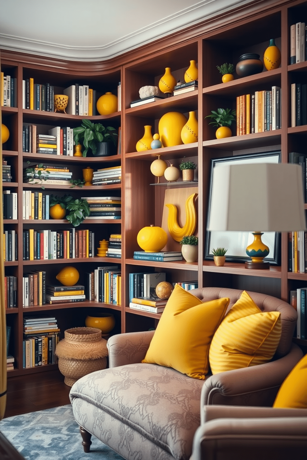 A cozy home library featuring open shelving that showcases an array of yellow decorative items, creating a vibrant focal point. The shelves are filled with books, plants, and unique yellow accessories, complemented by a comfortable reading nook with plush seating and warm lighting.