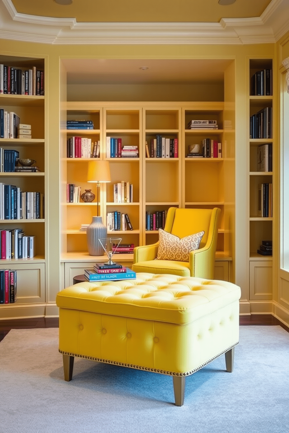 Chic yellow ottoman for extra seating. The ottoman is upholstered in a vibrant yellow fabric, featuring elegant tufting and sleek gold legs that add a touch of luxury. Yellow Home Library Design Ideas. The library is designed with built-in bookshelves painted in a soft yellow hue, complemented by a cozy reading nook adorned with plush cushions and a stylish yellow accent chair.