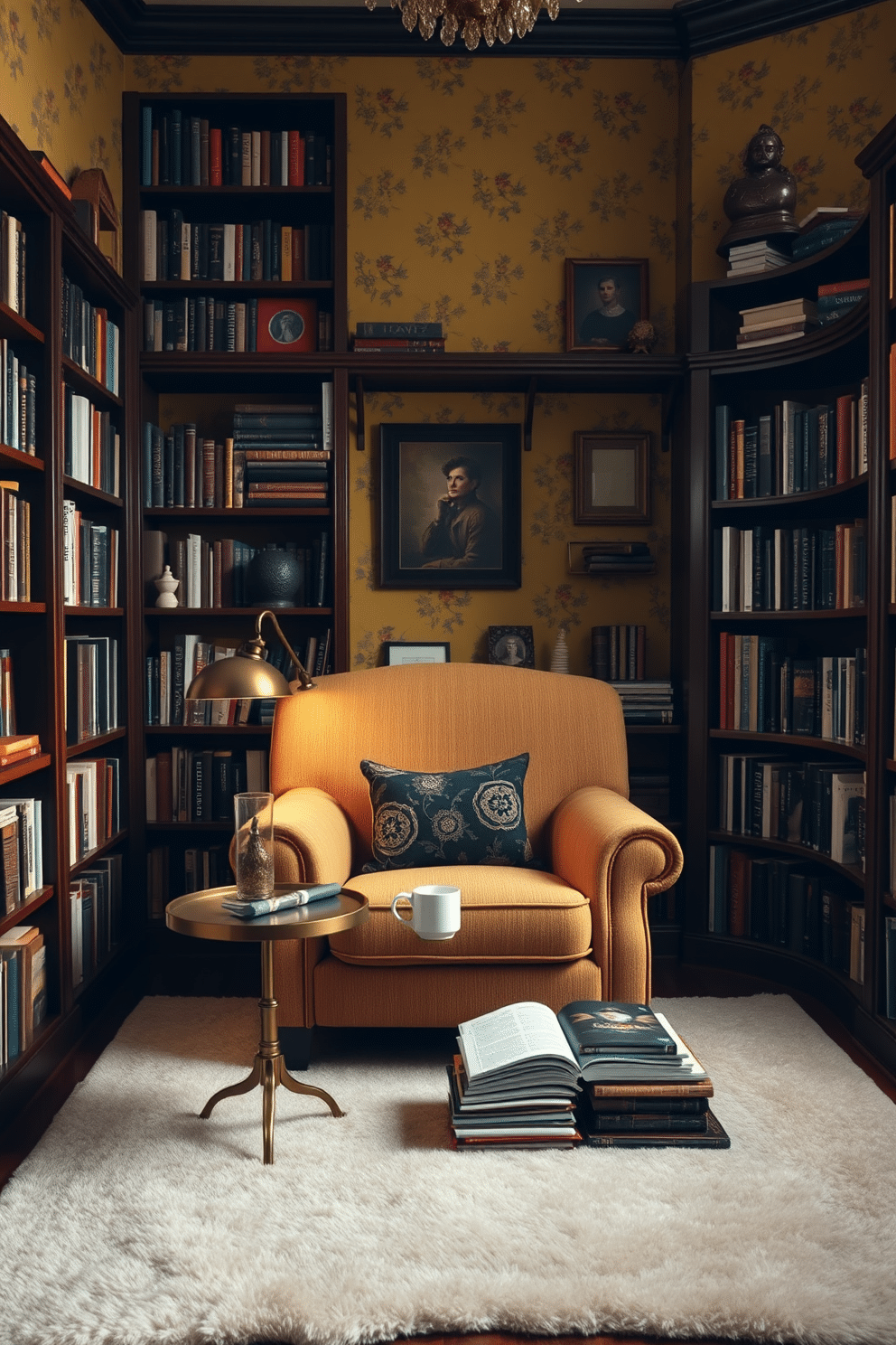 A cozy home library featuring yellow wallpaper adorned with delicate floral patterns. The room is filled with dark wooden bookshelves that reach the ceiling, showcasing an extensive collection of books and decorative items. In the center, a plush, oversized armchair upholstered in a complementary fabric invites relaxation. A small round table beside it holds a steaming cup of tea and a stack of magazines, while a soft area rug adds warmth to the space.