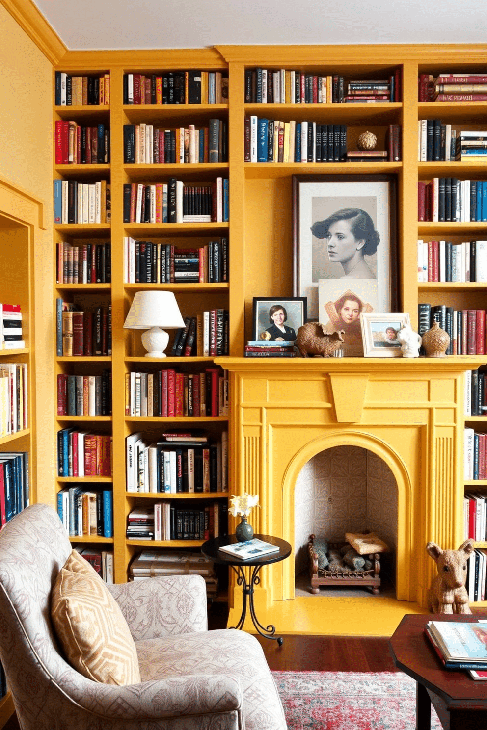 A charming home library featuring a yellow fireplace mantel that adds a cozy touch to the space. The room is filled with floor-to-ceiling bookshelves, showcasing an array of books and decorative items, with a plush reading nook positioned nearby. The walls are painted in soft, warm tones to complement the yellow mantel, creating an inviting atmosphere. A comfortable armchair and a small side table are placed in front of the fireplace, perfect for enjoying a cup of tea while immersed in a good book.