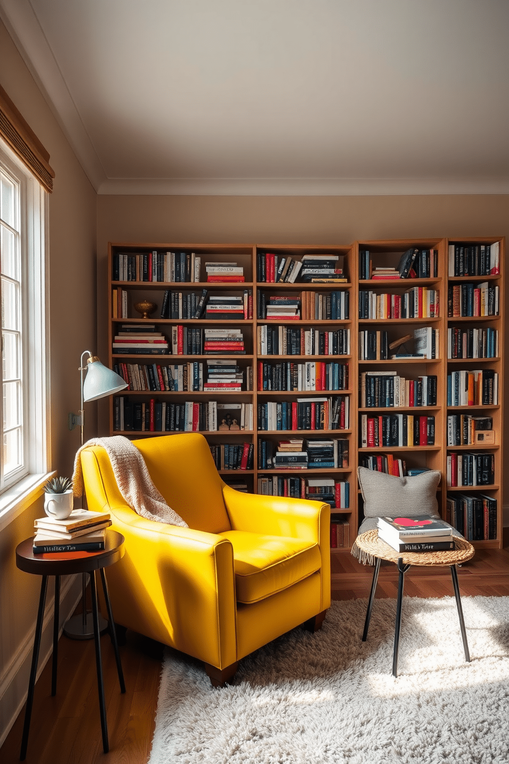 A bright sunshine yellow armchair is positioned by a large window, allowing natural light to flood the space. The chair is complemented by a cozy throw blanket and a small side table adorned with a stack of books and a steaming cup of tea. Surrounding the armchair, the home library features floor-to-ceiling bookshelves filled with an eclectic mix of books and decorative items. Soft, neutral-toned walls create a warm backdrop, while a plush area rug adds comfort underfoot, inviting readers to relax and enjoy their favorite novels.