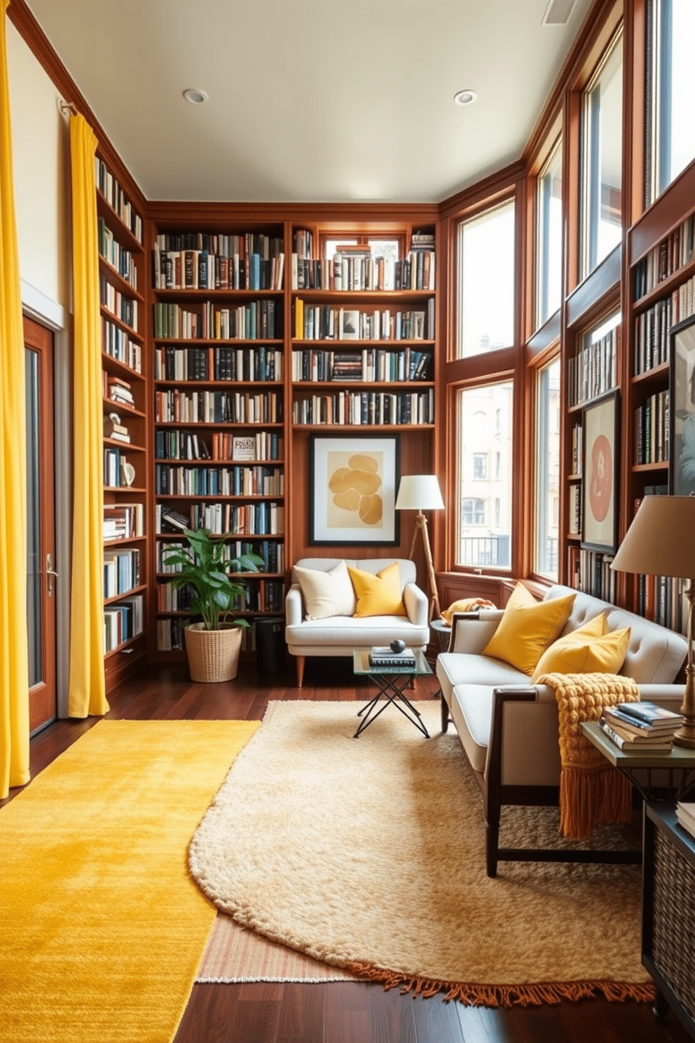 A cozy home library featuring layered yellow rugs that add warmth and texture to the space. The walls are lined with floor-to-ceiling bookshelves filled with books, while a comfortable reading nook with plush seating invites relaxation. The library is adorned with soft yellow accents, including cushions and a throw blanket, creating a cheerful atmosphere. Large windows allow natural light to flood the room, illuminating the rich wood tones of the furniture and the inviting yellow hues of the decor.