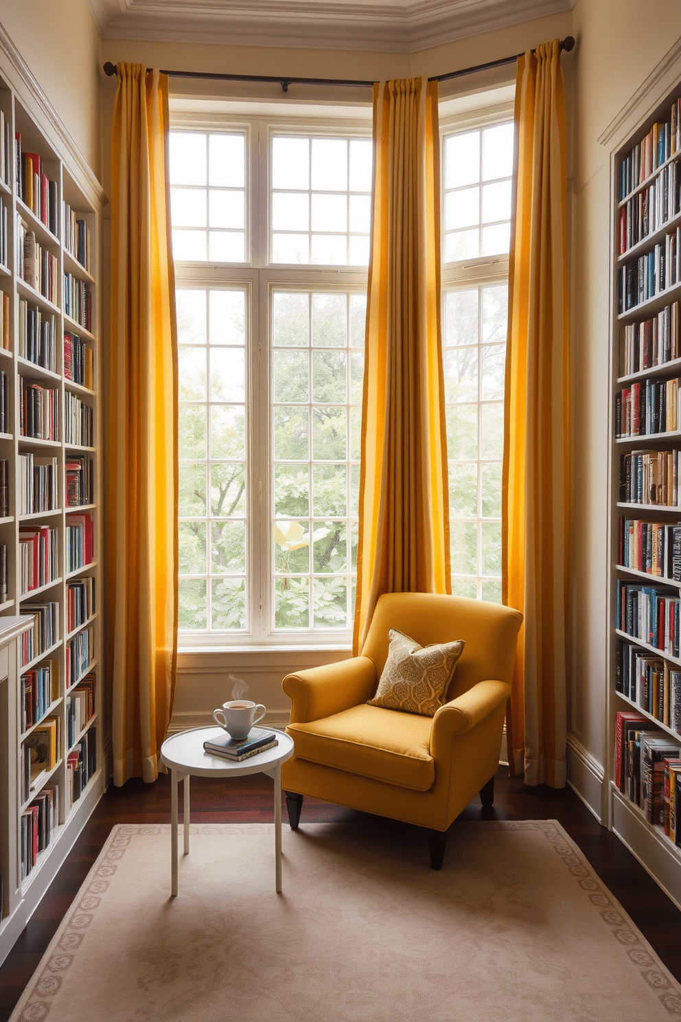 A cozy home library with yellow and white striped curtains framing tall windows that allow natural light to flood the space. The walls are painted a soft cream, while bookshelves filled with colorful books line the walls, creating an inviting atmosphere for reading and relaxation. A plush yellow armchair sits in the corner, paired with a small white side table adorned with a steaming cup of tea and a stack of books. A large area rug in muted tones anchors the space, adding warmth and comfort to this stylish library retreat.