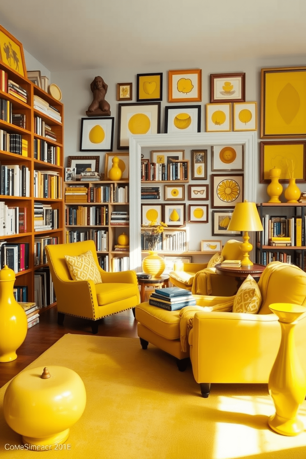 An eclectic home library filled with vibrant yellow decor pieces creates a warm and inviting atmosphere. Shelves lined with books in various sizes are complemented by yellow accent chairs and a cozy reading nook bathed in natural light. The walls are adorned with an array of yellow artwork that adds character and charm to the space. A large, yellow area rug anchors the room, while unique yellow decor items, such as vases and lamps, provide playful touches throughout the library.