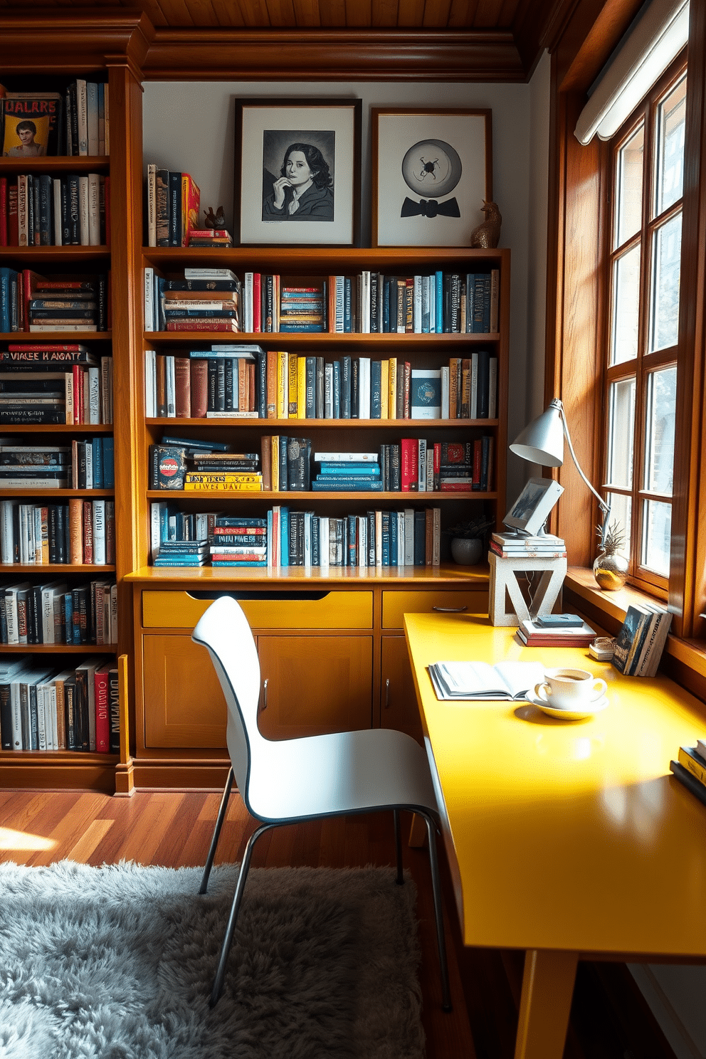 A vintage yellow desk with a sleek modern chair is positioned against a wall lined with bookshelves filled with an eclectic mix of colorful books and decorative items. Soft, natural light streams in through a nearby window, illuminating a cozy reading nook with a plush rug and a small side table adorned with a steaming cup of tea. The yellow desk serves as a vibrant focal point in the room, complemented by contemporary art pieces hanging above it. Rich wooden accents and warm lighting create an inviting atmosphere, perfect for both work and relaxation in this stylish home library.