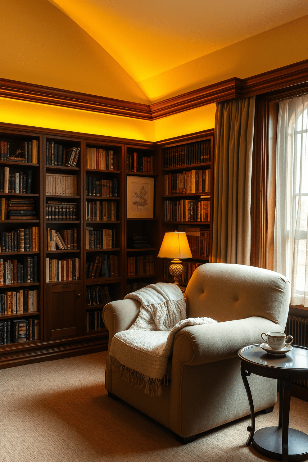 A cozy home library bathed in soft yellow lighting creates a warm and inviting atmosphere. The walls are lined with rich wooden bookshelves filled with books, while a plush, oversized armchair sits in the corner, draped with a soft throw blanket. A large window allows natural light to filter in, complemented by a delicate sheer curtain that softens the glow. A small side table beside the armchair holds a steaming cup of tea and a decorative lamp, enhancing the library's charm.