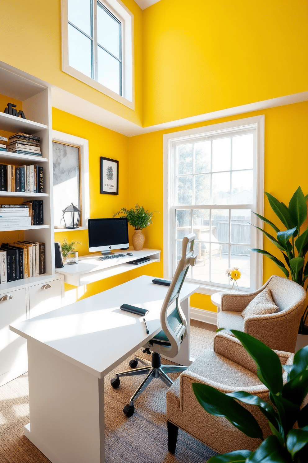 A bright yellow accent wall energizes the space, creating a vibrant focal point in the home office. The room features a sleek white desk paired with a comfortable ergonomic chair, complemented by stylish shelving that showcases books and decorative items. Natural light floods in through large windows, enhancing the cheerful atmosphere. A cozy reading nook with a plush armchair and a small side table invites relaxation, while green plants add a refreshing touch to the design.