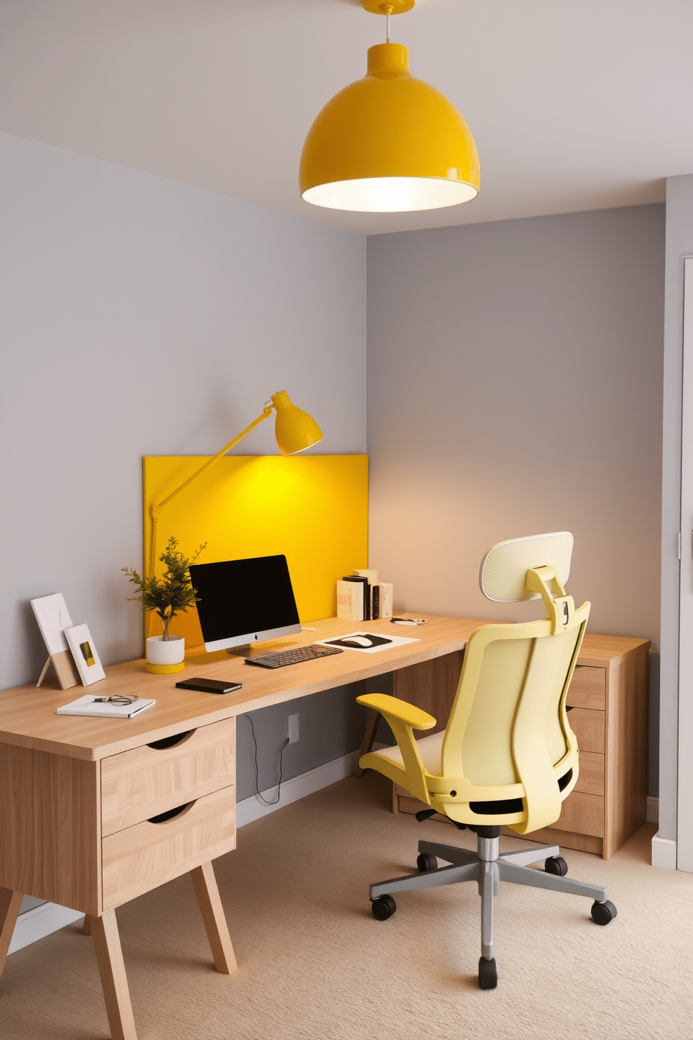 A modern home office featuring a sleek yellow desk lamp that provides focused lighting on a minimalist workspace. The walls are painted a soft gray, complemented by a bright yellow accent wall, creating an energizing atmosphere for productivity. The desk is made of light wood, paired with a comfortable ergonomic chair in a matching hue. Decorative elements include a potted plant and stylish stationery, enhancing the cheerful yet professional vibe of the space.