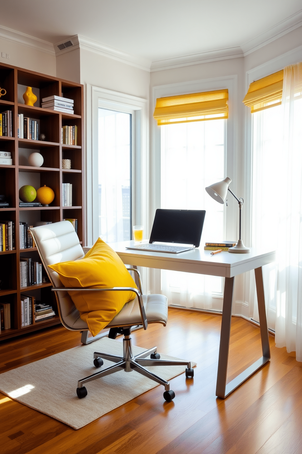 A bright and inviting home office space featuring a sleek desk with a minimalist design. The office chair is adorned with vibrant yellow throw pillows that add a pop of color and comfort to the setting. Sunlight streams through large windows, illuminating the warm wooden floors and soft white walls. A stylish bookshelf filled with books and decorative items complements the cheerful atmosphere created by the yellow accents.