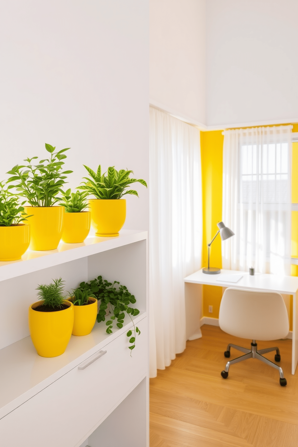 A collection of yellow plant pots filled with vibrant greenery sits on a sleek, modern shelf. The pots vary in size and shape, adding an eclectic touch that brightens the space. A stylish home office features a yellow accent wall that energizes the room. A minimalist desk with a comfortable chair overlooks a window adorned with sheer curtains, allowing natural light to flood in.