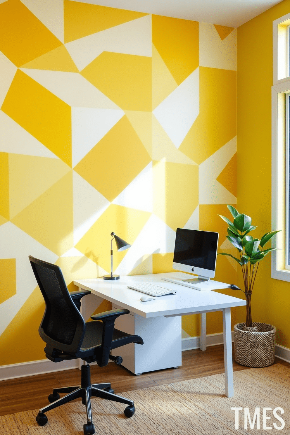 Accent wall with geometric yellow patterns. The wall features a bold geometric design in varying shades of yellow, creating a vibrant focal point in the room. Yellow home office design ideas. A sleek, modern desk sits against the accent wall, paired with a comfortable ergonomic chair and ample natural light streaming in through a large window.