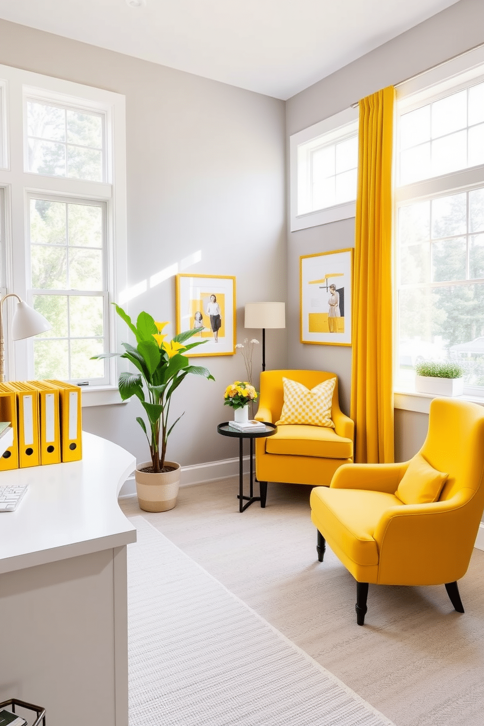 A bright and cheerful home office features yellow file organizers neatly arranged on a sleek white desk, providing both functionality and a pop of color. The walls are painted in a soft gray shade, creating a modern backdrop that complements the vibrant yellow accents. Incorporating yellow home office design ideas, a cozy reading nook is set up with a plush yellow armchair and a small side table. Large windows allow natural light to flood the space, enhancing the uplifting atmosphere while showcasing stylish yellow decor elements throughout the room.