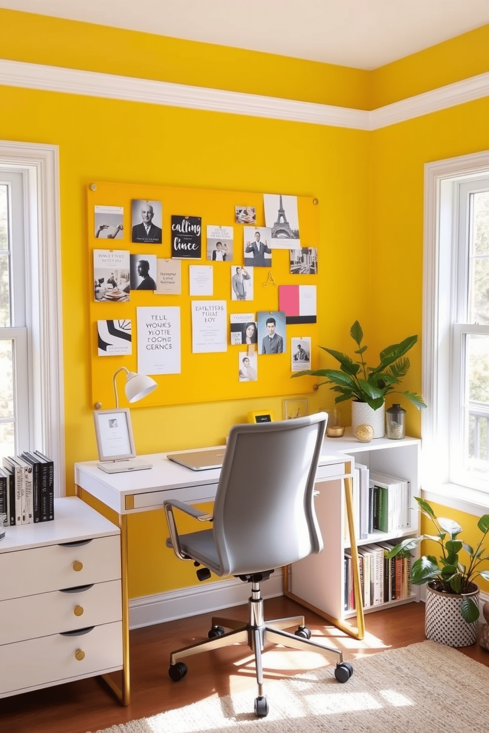 A bright yellow bulletin board is mounted on the wall, filled with inspiring images, quotes, and swatches that ignite creativity. Below the board, a sleek white desk with gold accents sits against the wall, accompanied by a comfortable ergonomic chair in soft gray. The room features bright yellow walls that energize the space, complemented by natural light streaming through large windows. A stylish bookshelf filled with design books and decorative objects adds personality, while a lush green plant in the corner brings a touch of nature indoors.