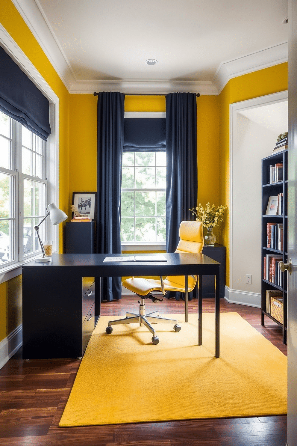 A bright and inviting home office featuring a yellow accent wall that energizes the space. The furniture includes a sleek navy desk paired with a comfortable yellow office chair, creating a striking contrast. Natural light floods the room through large windows adorned with navy curtains. A stylish bookshelf in navy blue showcases decorative items, while a yellow rug adds warmth to the wooden floor.