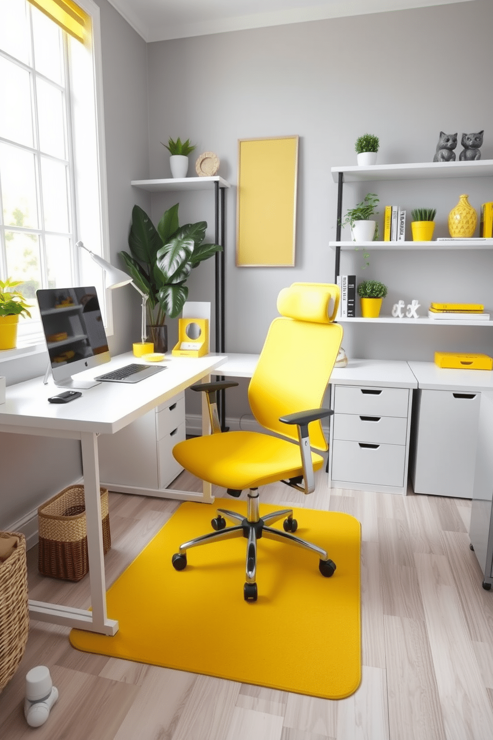 A vibrant home office featuring a yellow chair mat that adds a pop of color while protecting the floor. The workspace includes a sleek white desk, a comfortable ergonomic chair, and shelves adorned with plants and decorative books. The walls are painted in a soft gray, creating a balanced backdrop for the bright accents. Natural light floods the room through a large window, highlighting the cheerful yellow elements and creating an inviting atmosphere.