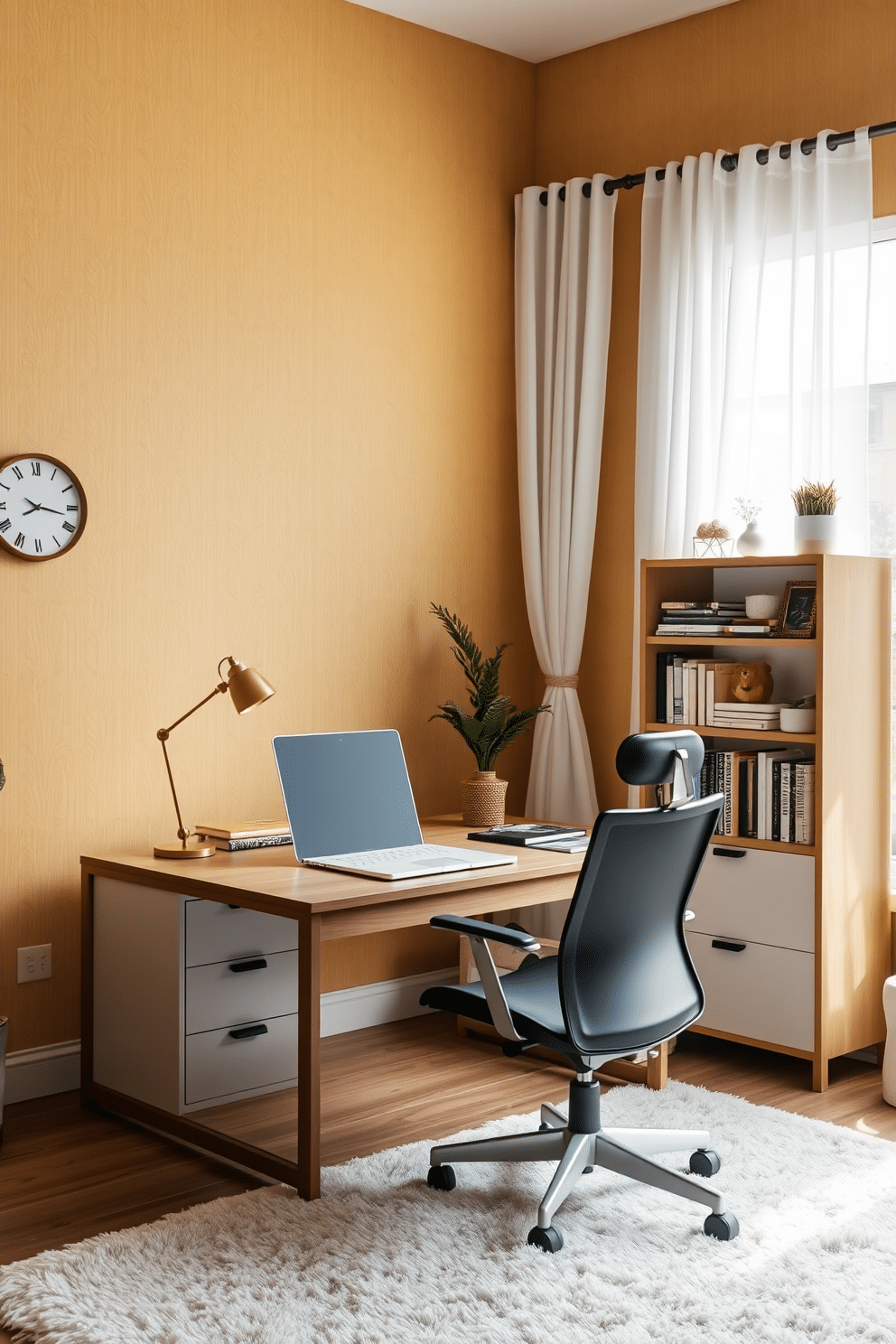 A serene home office bathed in muted yellow wallpaper that exudes subtle elegance. The space features a sleek wooden desk paired with a comfortable ergonomic chair, complemented by a stylish bookshelf filled with curated decor and books. Natural light pours in through a large window adorned with sheer white curtains, enhancing the warm tones of the room. A plush area rug anchors the space, while decorative elements like a modern clock and potted plants add a touch of personality.