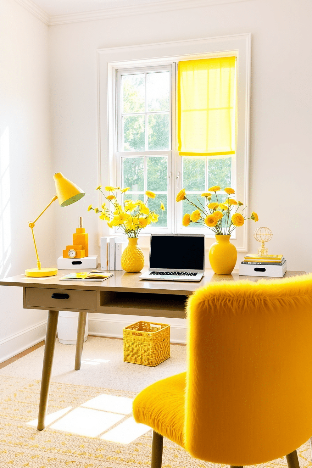 A bright and cheerful home office featuring yellow accents throughout the decor. The desk is adorned with vibrant yellow accessories, including a sleek desk lamp, a stylish organizer, and a cheerful vase filled with fresh flowers. The walls are painted in a soft white to create a light and airy atmosphere, while a plush yellow chair adds a pop of color. Natural light streams in from a large window, illuminating the space and highlighting the playful yellow accents that inspire creativity and productivity.