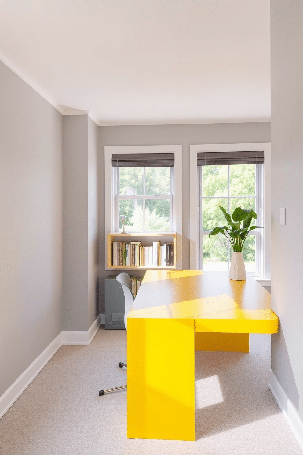 A bright yellow desk stands out against the soft gray walls, creating a cheerful workspace. The sleek gray chair complements the desk's vibrant color, providing a modern touch to the home office. Natural light floods the room through large windows, illuminating the yellow desk and enhancing its warmth. A minimalistic bookshelf in the background adds functionality while maintaining the airy feel of the space.