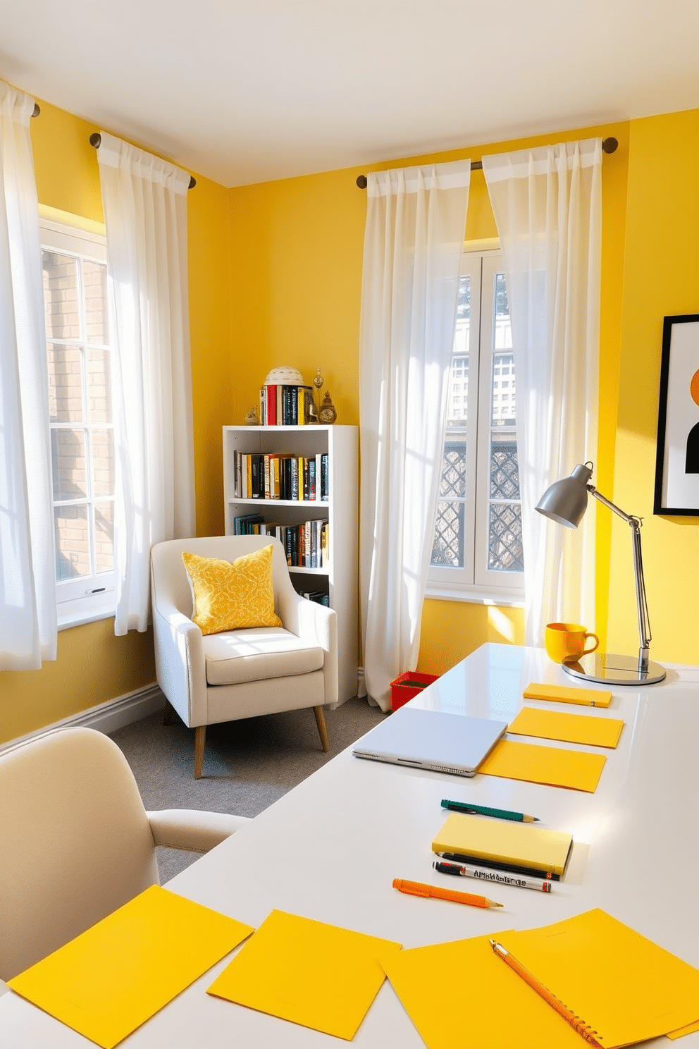 A vibrant home office setting featuring yellow paper and stationery arranged neatly on a sleek white desk. The walls are painted in a soft pastel yellow, complemented by a cozy reading nook with a plush armchair and a small bookshelf filled with colorful books. Natural light floods the room through large windows adorned with sheer white curtains. A stylish desk lamp with a modern design sits on the desk, illuminating the workspace and enhancing the creative atmosphere.