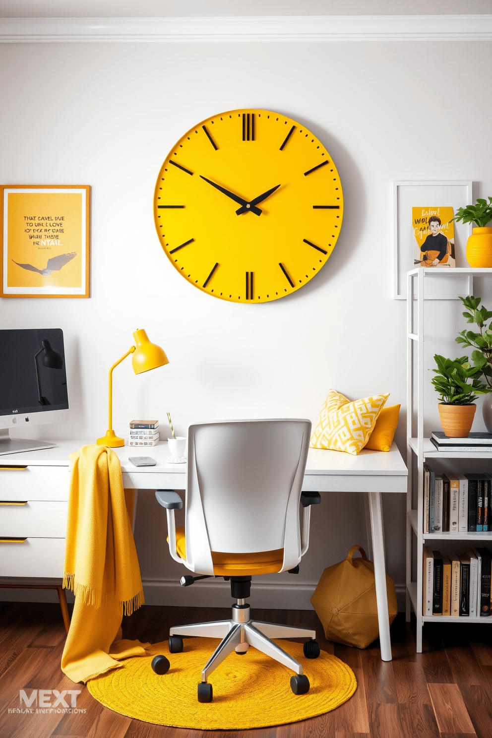 A bright yellow clock serves as a striking focal point in the home office, adding a cheerful pop of color against a neutral backdrop. The workspace features a sleek white desk paired with a comfortable ergonomic chair, while the walls are adorned with inspirational artwork that complements the vibrant clock. Incorporate yellow accents throughout the room, such as a cozy throw blanket draped over the chair and decorative cushions on a small reading nook. A stylish bookshelf filled with books and plants enhances the inviting atmosphere, creating a perfect blend of functionality and aesthetic appeal.