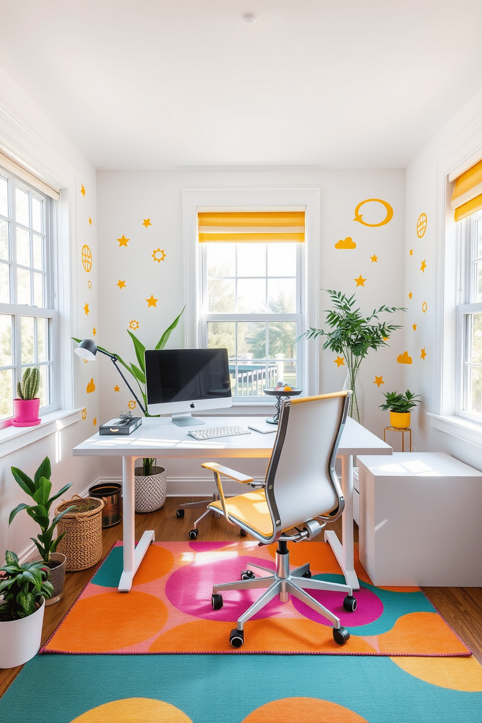 A bright and cheerful home office featuring yellow wall decals that create playful designs. The space includes a sleek white desk with a matching ergonomic chair, surrounded by vibrant accents like a colorful rug and potted plants. The walls are adorned with whimsical yellow decals, adding a touch of creativity and energy to the environment. Large windows allow natural light to flood the room, enhancing the warm and inviting atmosphere.