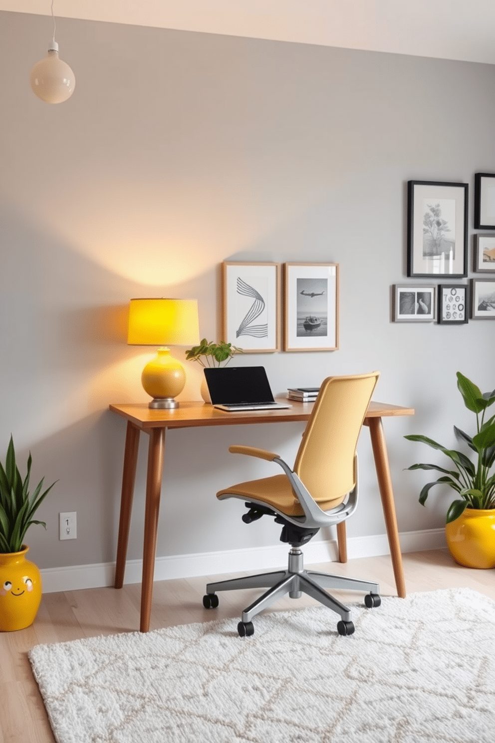 A cozy home office featuring a sleek wooden desk positioned against a light gray wall. The desk is adorned with a stylish yellow lamp with a soft shade that casts a warm glow, accompanied by a comfortable ergonomic chair in a complementary hue. On the opposite wall, a gallery of framed artwork adds personality to the space, while a plush area rug in subtle patterns anchors the room. Potted plants in yellow ceramic pots bring a touch of nature, enhancing the cheerful atmosphere of the office.