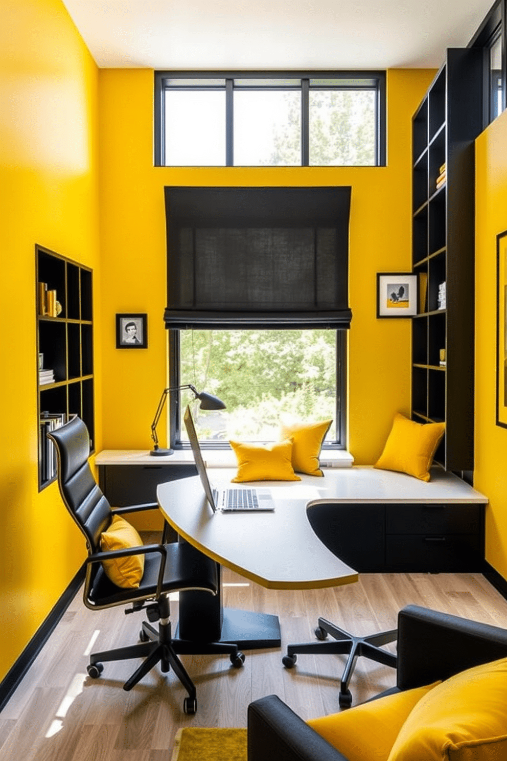 A modern home office featuring a striking yellow and black color scheme. The walls are painted a vibrant yellow, complemented by sleek black furniture, including a minimalist desk and ergonomic chair. Natural light floods the space through large windows, enhancing the bright atmosphere. Decorative elements like a black bookshelf and yellow accents in the form of cushions and artwork create a cohesive and stylish look.