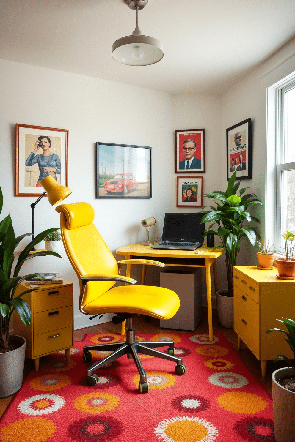 A cozy home office featuring vintage yellow furniture that exudes a retro charm. The space includes a classic yellow desk paired with a matching ergonomic chair, accented by a colorful area rug that ties the room together. The walls are adorned with framed retro artwork, and a large window allows natural light to flood the room. Potted plants in the corners add a touch of greenery, complementing the yellow hues and enhancing the inviting atmosphere.