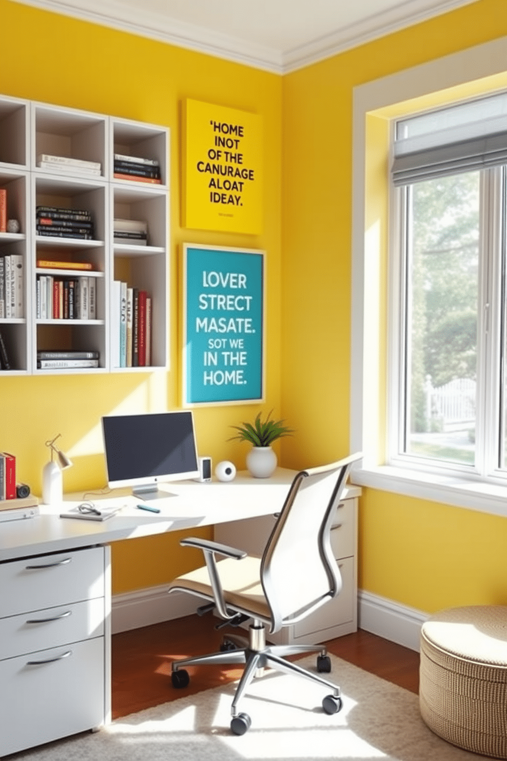 A bright and inspiring home office with yellow wall art featuring motivational quotes. The space includes a sleek white desk with a comfortable ergonomic chair, complemented by a stylish bookshelf filled with books and decorative items. The walls are painted in a soft yellow hue, enhancing the cheerful atmosphere. A large window allows natural light to flood the room, highlighting the vibrant art pieces that encourage creativity and productivity.